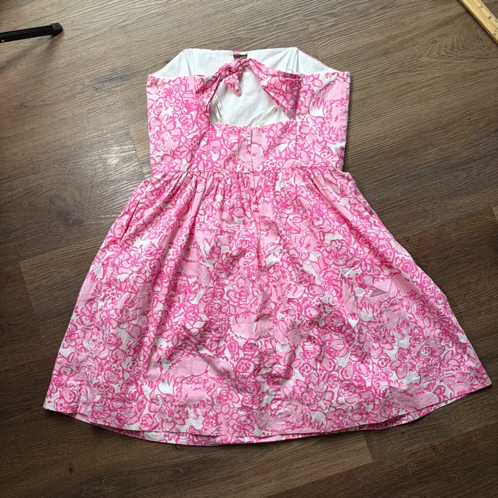 Spring Lilly Pulitzer Pink Floral Strapless Fit & Flare Dress Tie Back Size 6 - Picture 2 of 6